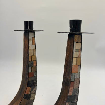 Large Stone and Copper Candle Holders