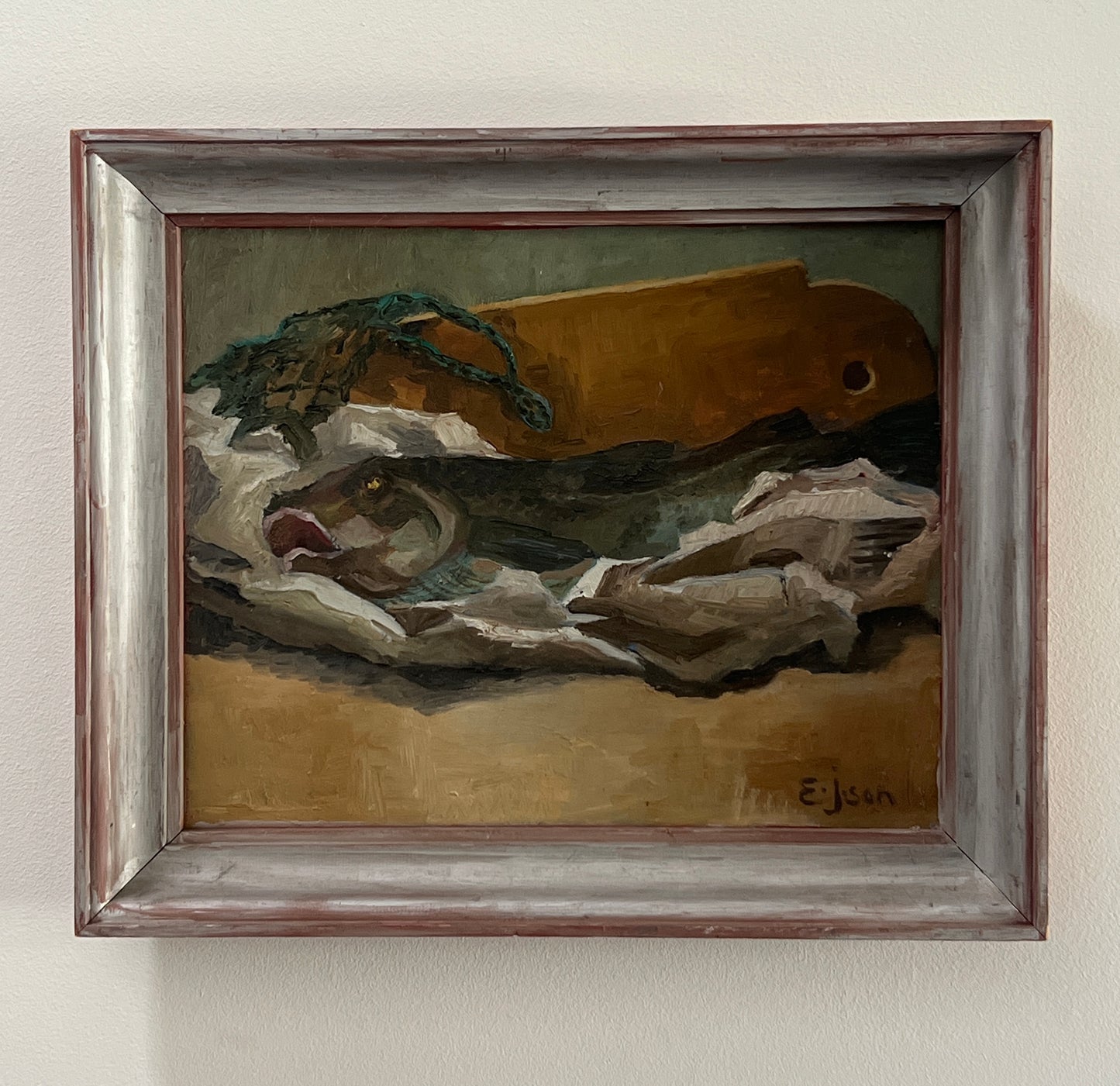 Vintage Swedish Oil Painting, Still Life With Fish