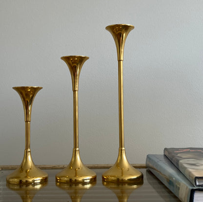 Set of Three 1960s Swedish Brass Candle Holders