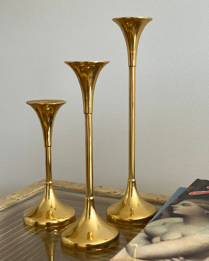 Set of Three 1960s Swedish Brass Candle Holders