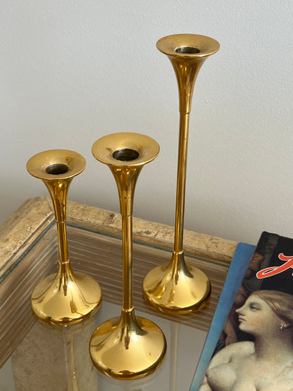 Set of Three 1960s Swedish Brass Candle Holders